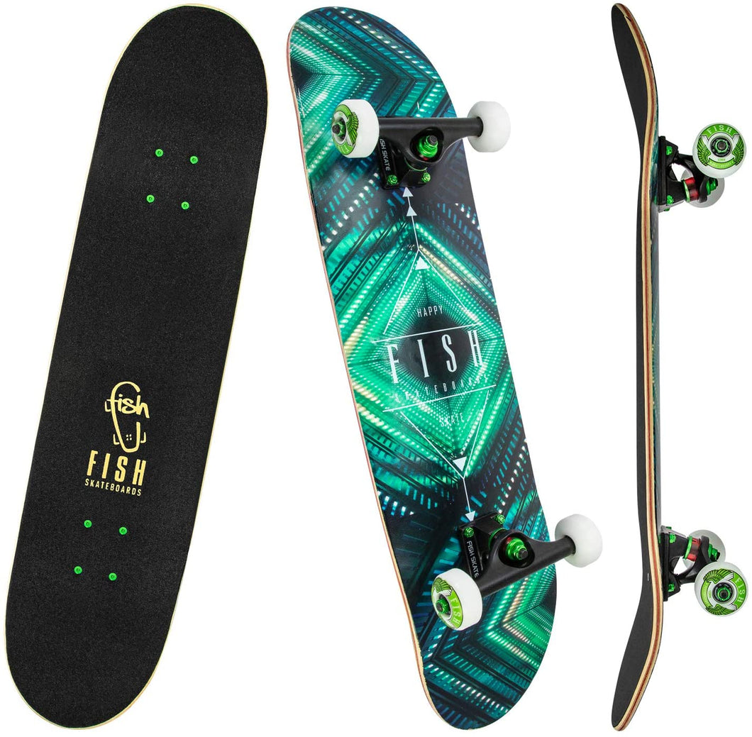 FISH SKATEBOARDS 8.0 Inch Complete Skateboard Diamond Green