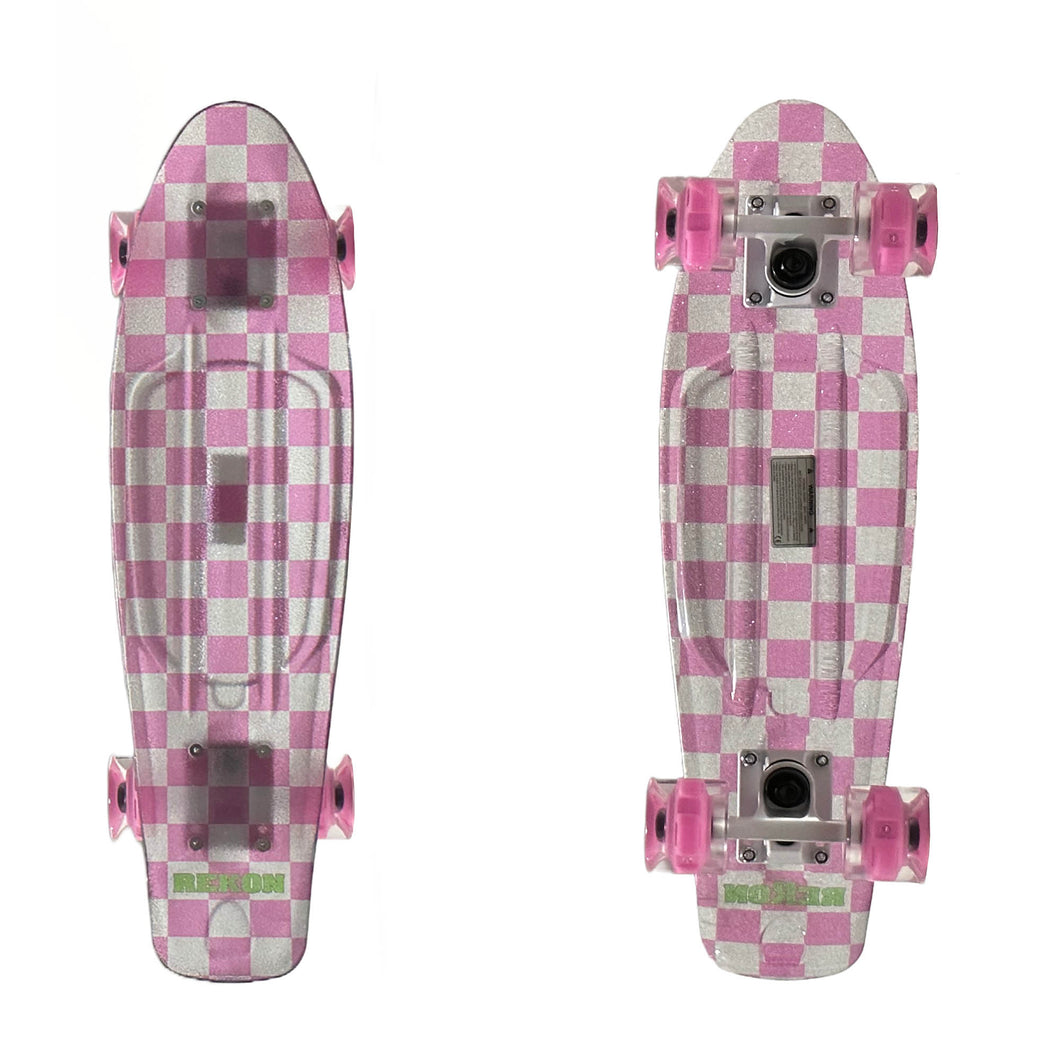 REKON 22 Inch Pink Checker Grip Tape on Clear Deck Plastic Cruiser